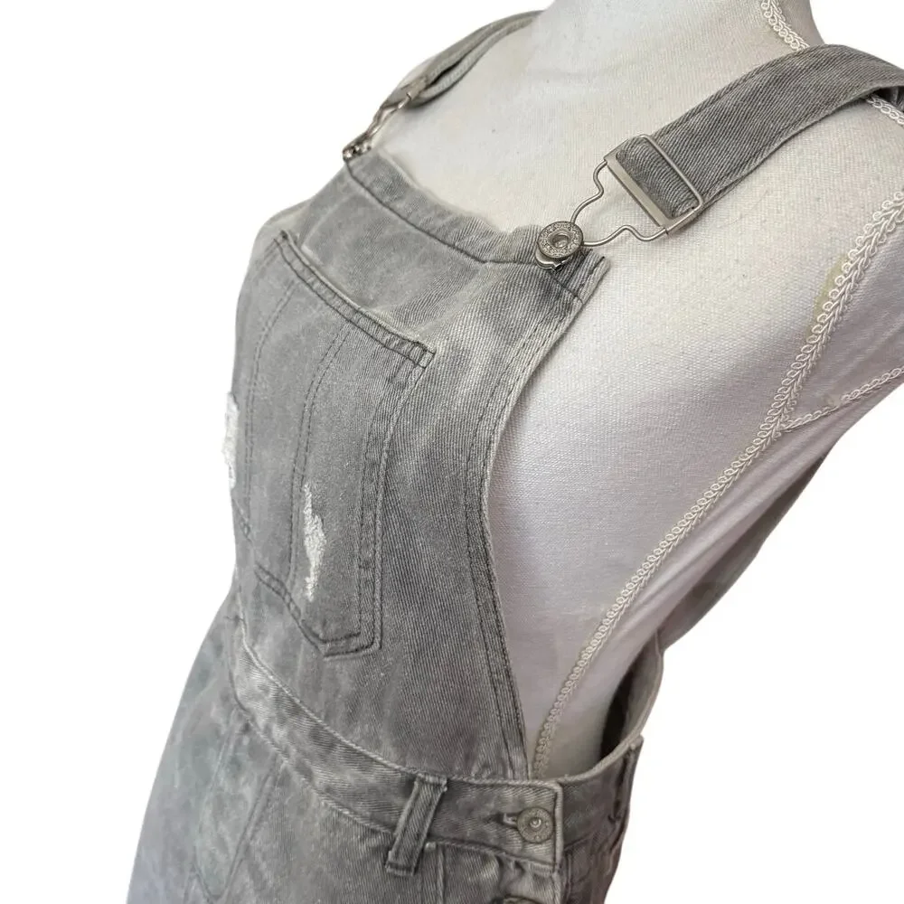 POL overall skirt distressed gray denim ripped torn mini jean overalls S small - Picture 4 of 16